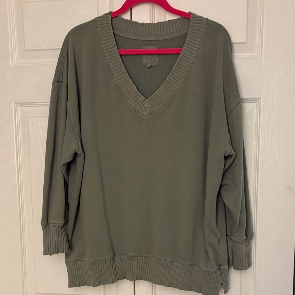 Aerie Down to Eartg Distressed Olive Green V-Neck Sweatshirt - Medium